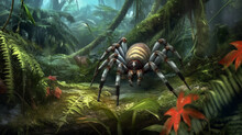 Huge Tropical Tarantula Spider. Mutated Furry Monster In A Safari Park. Mutated Insects Of Africa Created In AI.