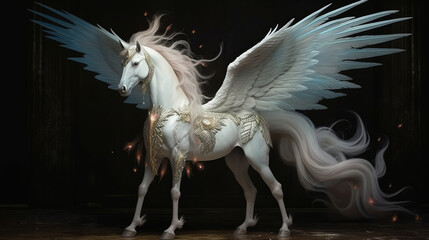 Wall Mural - Mythical creature unicorn in expensive armor. Gorgeous Pegasus with huge wings and a horn in flight. Painted powerful unicorn in all its glory. A horse created in ai.