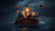 Rats swim in the ocean on a life raft with a lantern, mice escape from a sinking ship during a night storm. Created in AI.