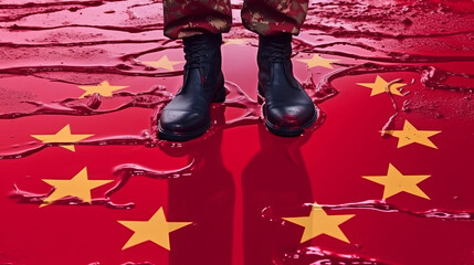 Wall Mural - Caricature, feet in boots stand in a red puddle against the background of the European flag with stars, economic decline and sanctions against China. Created in AI.