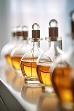 Bottles And Flacons With Perfume Essences And Oils, The Concept Of Making Spirit Of Perfume Products, Photo Taken Wide Open, With Partial Out Of Focus In The Foreground, AI Generation