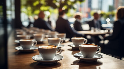 Wall Mural - Coffee Break  Concept. Cups of hot coffee on table