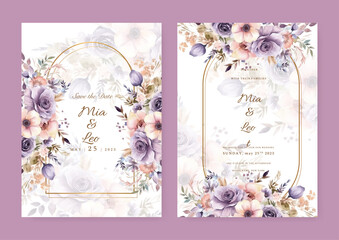 Fototapete - Floral wedding invitation template set with elegant brown leaves decoration. Botanic card design concept