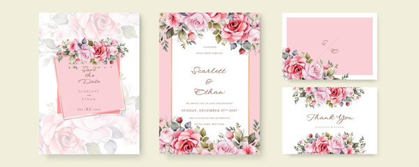 Fototapete - Watercolor wedding invitation template set with soft pink floral and leaves decoration