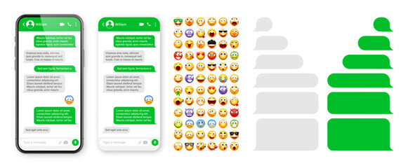 Smartphone messaging app, user interface design with emoji. SMS text frame. Chat screen with green message bubbles. Texting app for communication. Social media application. Vector illustration