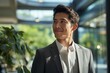 Male businessman or company employee in a modern eco-friendly corporate office. Portrait with selective focus