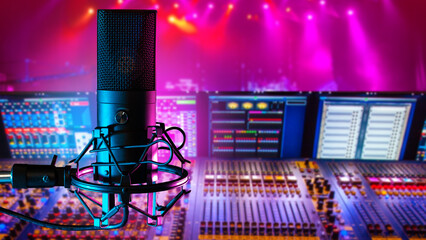 DJ equipment. Condenser microphone. Mixing console. DJ machine in nightclub. Equipment for professional DJ. Blurred club behind mixing console. Sound and musical equipment. Audio technology