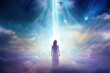© Yuliya - Silhouette of a woman in a dress in the heaven sky with a beam of light overhead.  Spiritual or religious concept. Astral body concept. Generative AI.