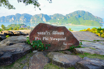 Nameplate at Viewpoint 2 on top of Koh Phi Phi Don island in the Andaman Sea in the Province of Krabi, Thailand