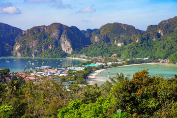 Aerial view of the isthmus of Koh Phi Phi Don island in the Andaman Sea from Viewpoint 2 in the Province of Krabi, Thailand