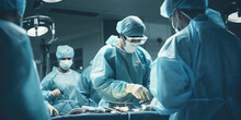 Operation. Surgeons At At Medical Hospital Surgery Room Performing An Operation. Hand Edited Generative AI.  