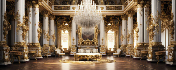 A classic extravagant European style palace room with gold decorations. wide format, Hand edited generative AI.
