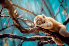 Cute Monkey Sleeping On Tree Brunch. Low Angle Perspective