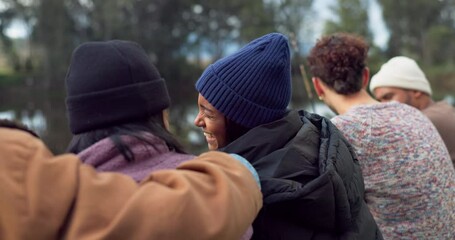 Poster - Friends, laughing and group by lake for camping, picnic and break for social joke, travel and holiday comedy. Smile, happy and funny woman with bonding people by relax water, woods and nature forest