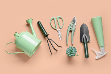 Wall Mural - Set of gardening tools on beige background