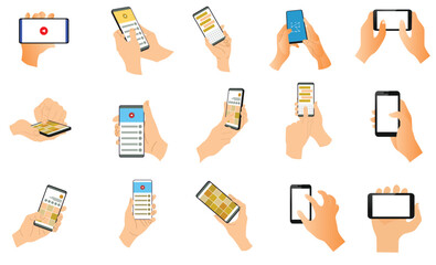 15 set hands holding mobile phones. fingers touching, tapping, scrolling smartphone screens, using a
