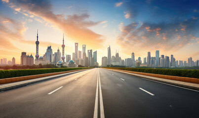 Wall Mural - Empty asphalt road and city skyline with buildings at sunset in Shanghai.