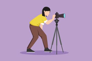 Sticker - Character flat drawing super equipment female photographer. Beautiful woman holding and aiming cameras with standing tripod, carrying accessories for photographing. Cartoon design vector illustration