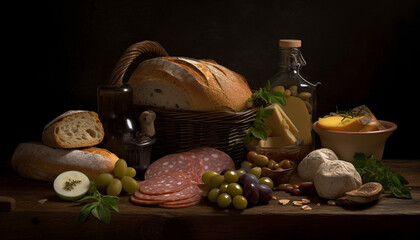 Canvas Print - Rustic bread, meat, cheese, and fruit basket generated by AI