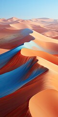 Wall Mural - abstract aerial views of desert ocean landscape in orange and blue. sand dunes and swirling waves wa
