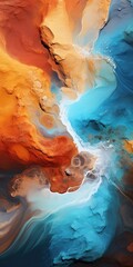 Abstract aerial views of desert ocean landscape in orange and blue. Sand dunes and swirling waves wallpaper.