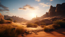 Tranquil Sunrise Over Majestic Mountain Range And Sand Dunes Generated By AI