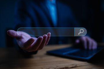 Leinwandbilder - SEO and Data Search Technology, Search Engine Optimization. Man hands are using a computer keyboard to searching for information. Using Search Console with your website. Data Information system