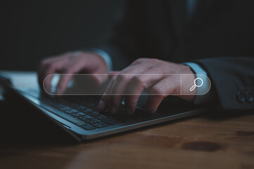 Leinwandbilder - SEO and Data Search Technology, Search Engine Optimization. Man hands are using a computer keyboard to searching for information. Using Search Console with your website. Data Information system