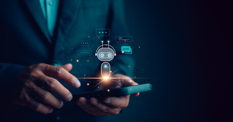 Poster - Chatbot Chat with AI, Artificial Intelligence. Man using technology smart robot AI, artificial intelligence by enter command prompt for generates something, Futuristic technology transformation.
