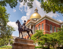 Bronze Statue Of General Joseph Hooker At The Entrance Of Massachusetts State House, Boston, Beacon Hill, Massachusetts, USA.