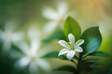 Wall Mural - close-up view of a white flower with green leaves. Generative AI