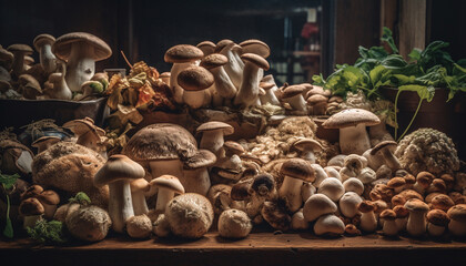 Poster - Fresh autumn forest yields healthy gourmet mushroom meal generated by AI