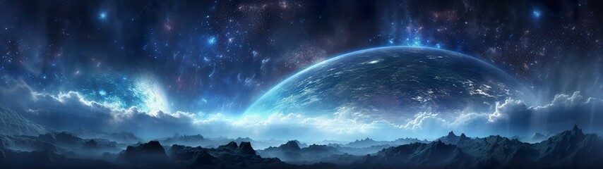 Wall Mural - panorama dark blue night sky, milky way and stars on dark background, universe filled with stars, ne