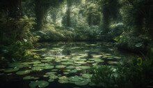 Tranquil Scene Of A Green Forest Landscape Generated By AI