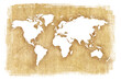 World map over organic burlap texture