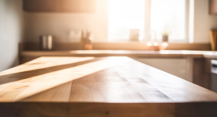 Wooden light empty table top in modern white kitchen, kitchen panel in interior. Template showcase scene for advertising products