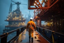 An Offshore Oil Rig Worker Walks To An Oil And Gas Facility To Work In The Process Area. Maintenance And Services In Hazardous Areas
