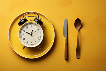 Concept of intermittent fasting, showing an empty plate and a clock. The practice of eating within specific time frames to promote better health and weight management. Generative AI