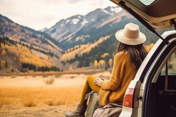 Wall Mural - View of young woman traveler sitting on hatchback car , Happy woman traveler looking at mountain background , Created with Generate Ai Technology