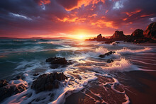 A Captivating Sight, A Fiery Sunset Transforms The Sea Landscape Into Magic Generative AI