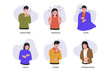 Set of sick people characters. Sick people feeling unwell, cough, runny nose, chills, fever and, headache. Flat vector illustration isolated on white background