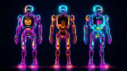 three glowing robots standing in a row with their arms crossed. generative ai.