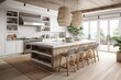 © Create image - Amazing Luxury Kitchen Interior in white with wooden floor and kitchen island. Generative AI