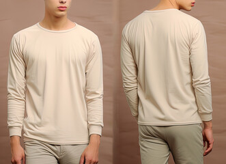 Man wearing a beige T-shirt with long sleeves. Front and back view