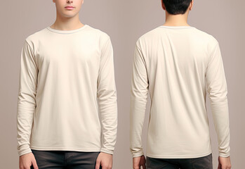 Man wearing a beige T-shirt with long sleeves. Front and back view