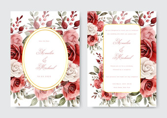 Wall Mural - Elegant wedding invitation template with watercolor flower and leaves.