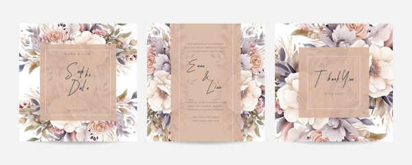 Wall Mural - double sided wedding invitation template with purple flower