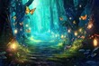 canvas print picture - wide panoramic of fantasy forest with glowing butterflies in forest