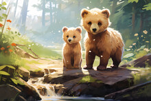 Two Bear Cubs Looking For Food Anime Style