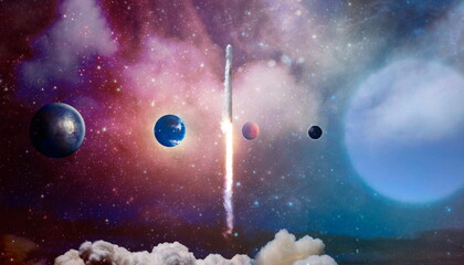 Wall Mural - rockets launch into space on the starry sky. spacecraft flies into space with clouds of smoke. eleme